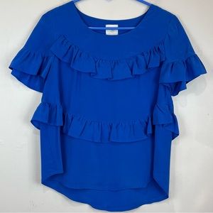 Anthropologie HD in Paris Ruffle Blouse 100% Silk Blue Size Small
